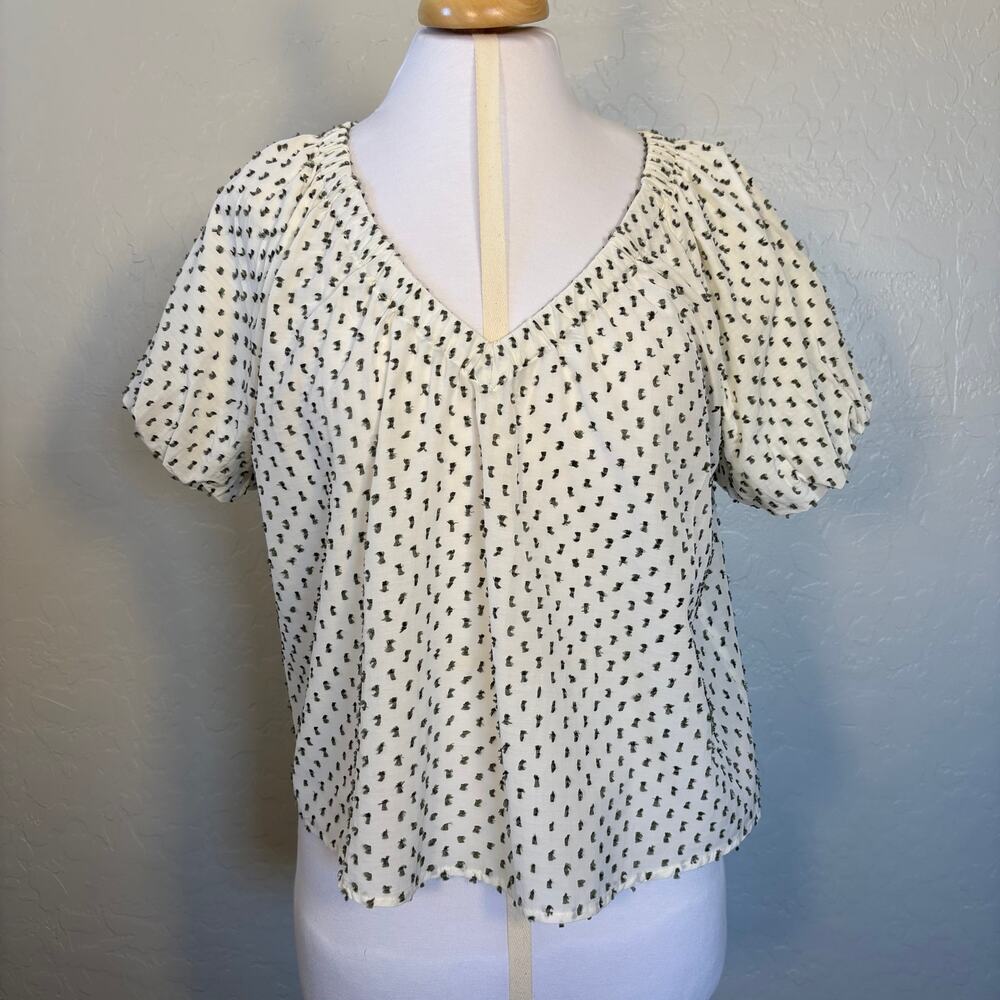 Loft Puff Sleeve Peasant Blouse Cotton Green Clip Dot White Cottagcore Boho Top